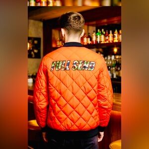 NWT RARE NELK FULL SEND Puffer Bomber Jacket Orange Camo Men's Size Small